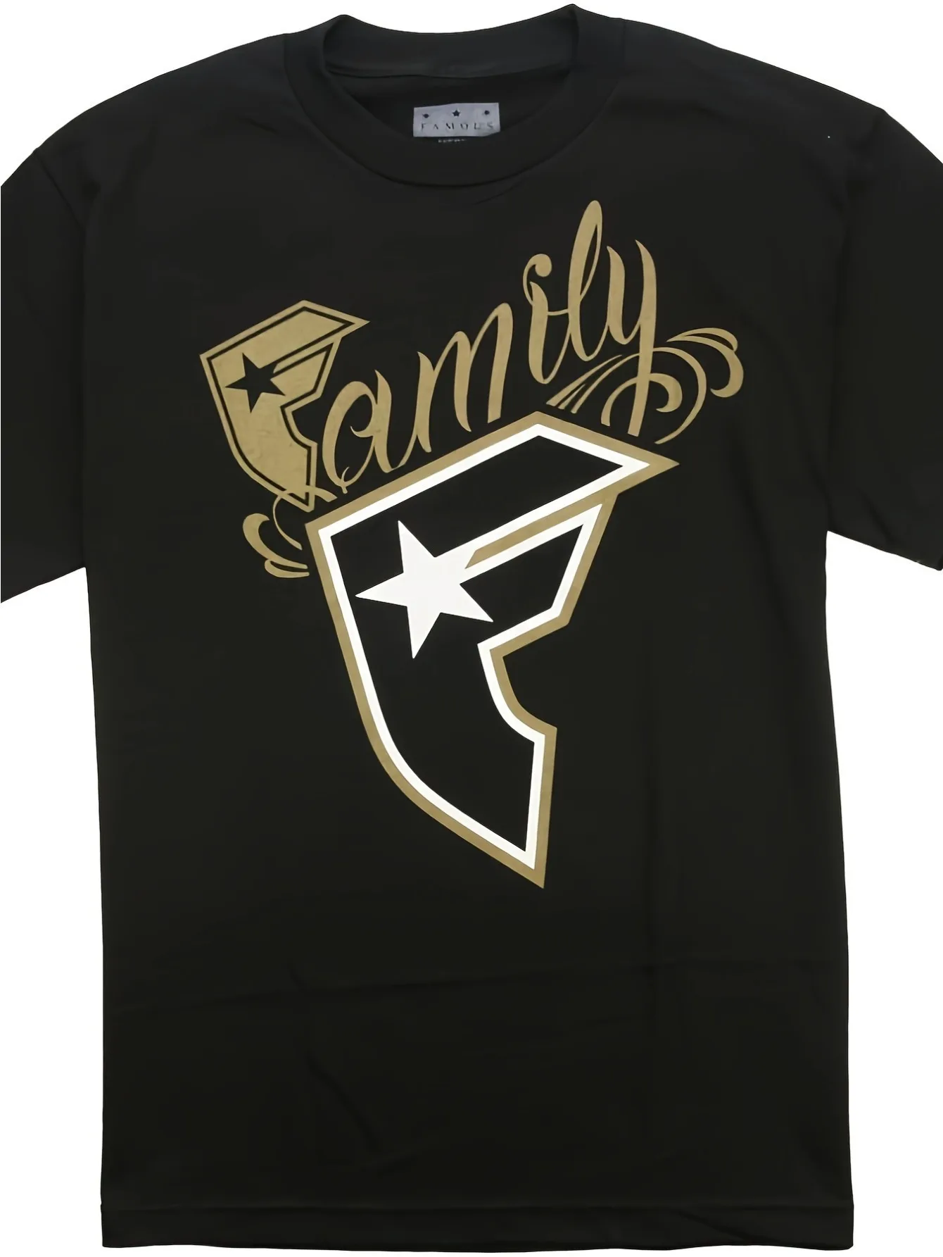Famous Stars And Straps Wildcat Men's Graphic T-Shirt - 180G Heavyweight 100% Cotton, Black with Golden & White "Family" Design
Famous Stars And Straps Wildcat Men's Graphic T-Shirt - 180G Heavyweight 100% Cotton, Black with Golden & White "Family" Design