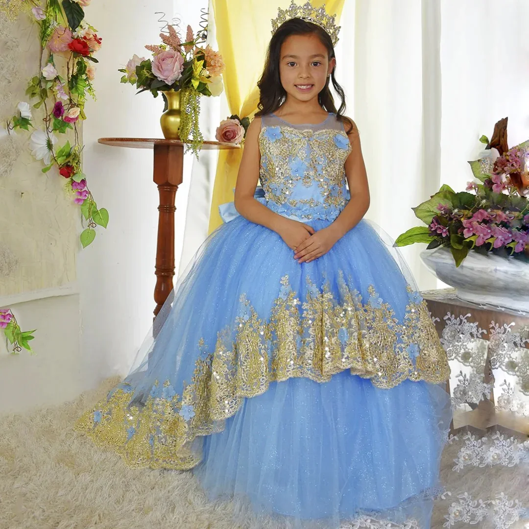 Customized Sky Blue Flower Girl Dress Tulle Gold Lace Floral Appliques With Bow For Wedding Birthday Party Pageant Princess Gown
Customized Sky Blue Flower Girl Dress Tulle Gold Lace Floral Appliques With Bow For Wedding Birthday Party Pageant Princess Gown