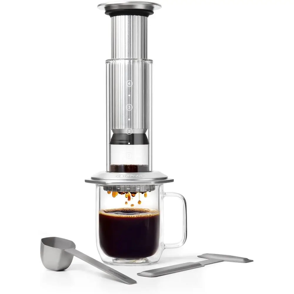 All-in-One Coffee Press: Glass, Stainless Steel, Manual Brew, 2-Minute Brewing, Pour-Over Style, Rich Flavor, Silver
All-in-One Coffee Press: Glass, Stainless Steel, Manual Brew, 2-Minute Brewing, Pour-Over Style, Rich Flavor, Silver