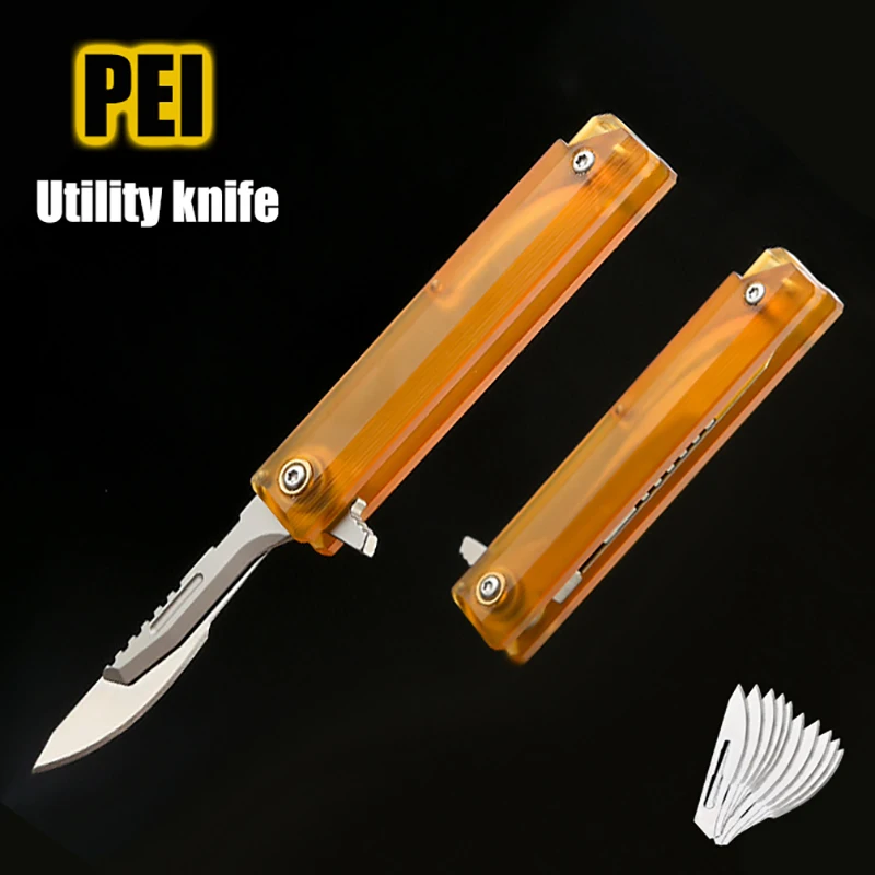 PEI Amber Color Utility Knife Open With One Hand Pocket Folding Knife Unpacking Surgical Knives Selfdefense Tool 10pcs Blades
PEI Amber Color Utility Knife Open With One Hand Pocket Folding Knife Unpacking Surgical Knives Selfdefense Tool 10pcs Blades