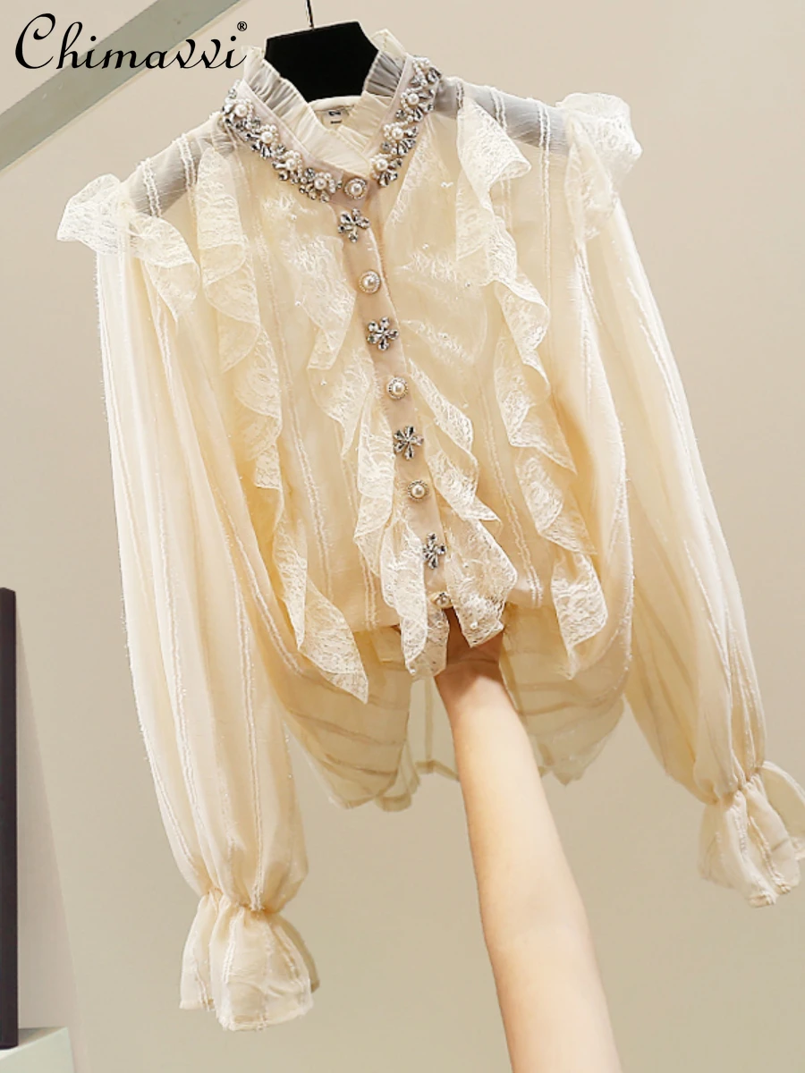 2024 Spring Summer New Fashion Ruffles Stand Collar Diamond Lace Shirts Loose Long Sleeve Elegant Women's Blouse Sweet Tops
2024 Spring Summer New Fashion Ruffles Stand Collar Diamond Lace Shirts Loose Long Sleeve Elegant Women's Blouse Sweet Tops