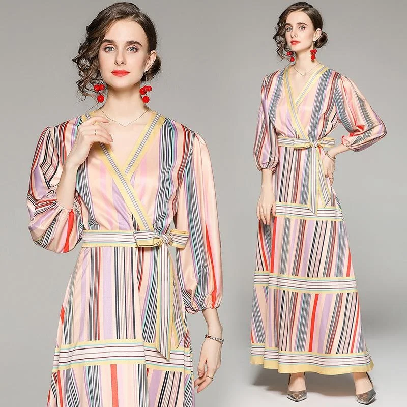 Women Colorful Spring Summer Long Dresses Sexy V-neck Three Quarter Lantern Sleeve Corest Waist Striped Bandage Casual Vestidos
Women Colorful Spring Summer Long Dresses Sexy V-neck Three Quarter Lantern Sleeve Corest Waist Striped Bandage Casual Vestidos