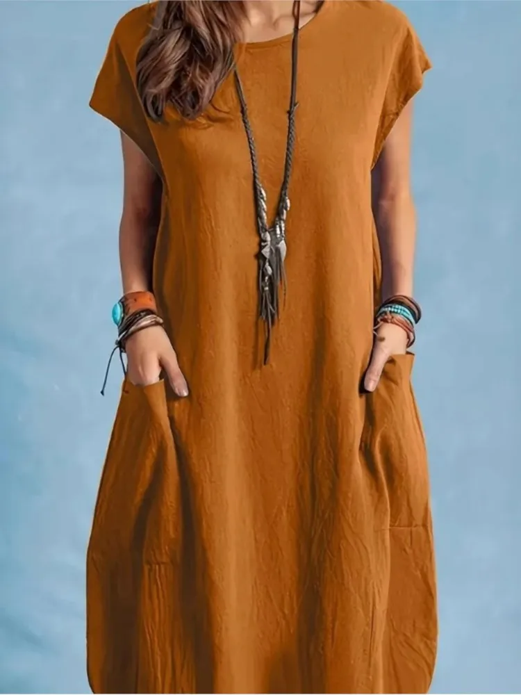 Spring Summer New Women's Cotton Linen Loose Casual Solid Color Pocket Button Round Neck Mid Length Dress
Spring Summer New Women's Cotton Linen Loose Casual Solid Color Pocket Button Round Neck Mid Length Dress