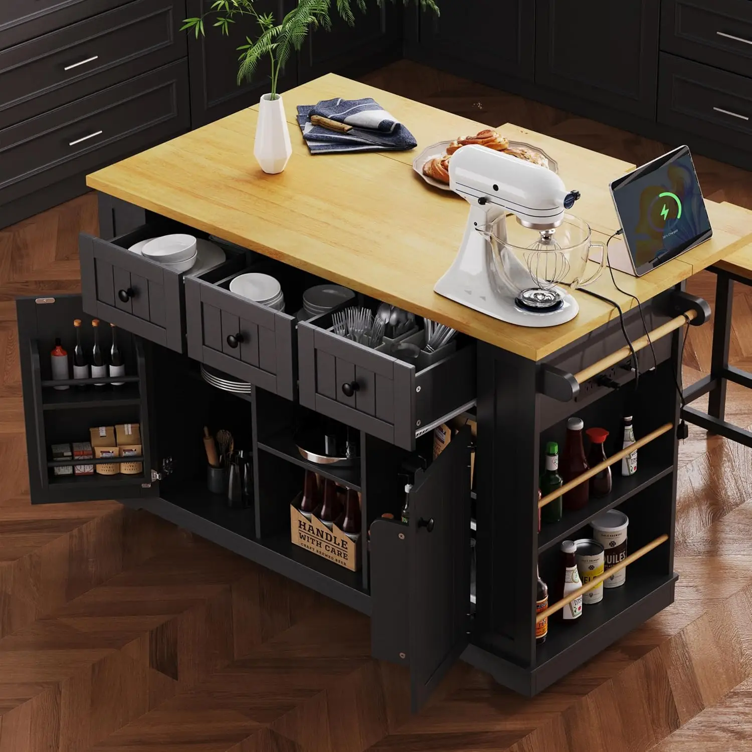 Kitchen Storage Island on Wheels with Drop Leaf & Power Outlet, Rolling Kitchen Island Cart with Open Side Racks, Door S
Kitchen Storage Island on Wheels with Drop Leaf & Power Outlet, Rolling Kitchen Island Cart with Open Side Racks, Door S