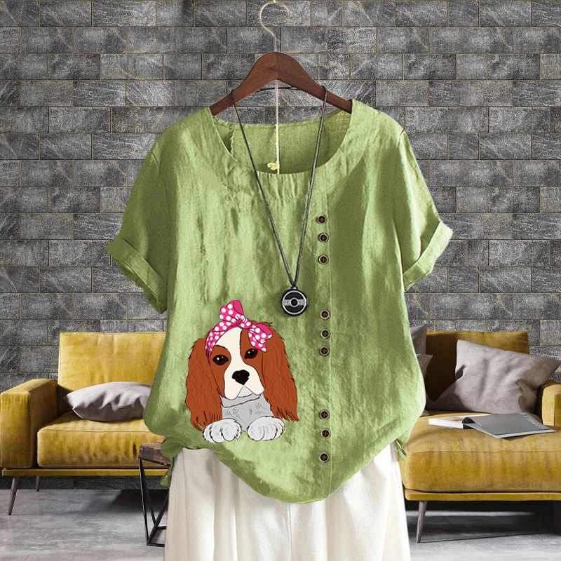 Retro Women Summer Cotton Linen Blouse Cute Dog Printed T Shirt Short Sleeve Loose Round Neck Solid Color Shirt Tops XS-5XL
Retro Women Summer Cotton Linen Blouse Cute Dog Printed T Shirt Short Sleeve Loose Round Neck Solid Color Shirt Tops XS-5XL