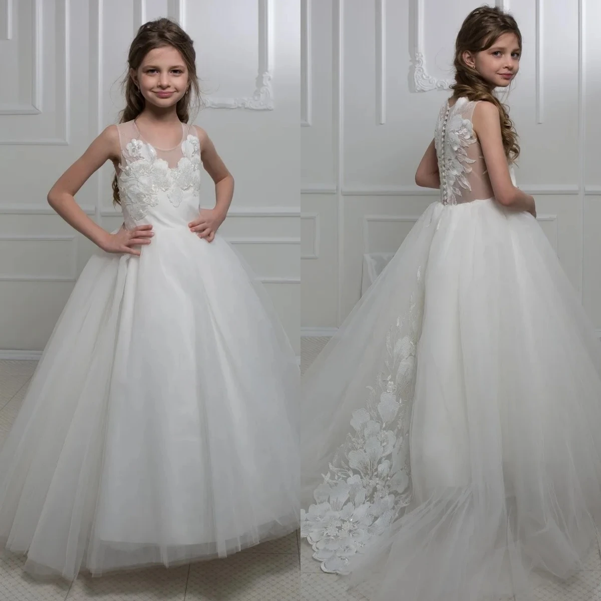 Elegant White Flower Girl Dress Tulle Wedding Dress Quality Lace Applique Princess Beauty Pageant Kids Birthday Evening Dresses 
Elegant White Flower Girl Dress Tulle Wedding Dress Quality Lace Applique Princess Beauty Pageant Kids Birthday Evening Dresses