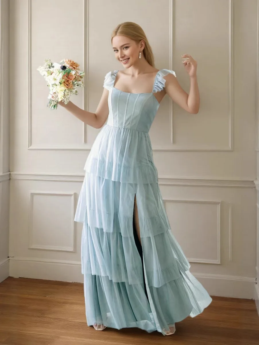 Customized Elegant Ball Dress Spaghetti Strap Tulle Layered Graduation Party Dress Backless Lace Up Side Slit Vestidos De Noche
Customized Elegant Ball Dress Spaghetti Strap Tulle Layered Graduation Party Dress Backless Lace Up Side Slit Vestidos De Noche