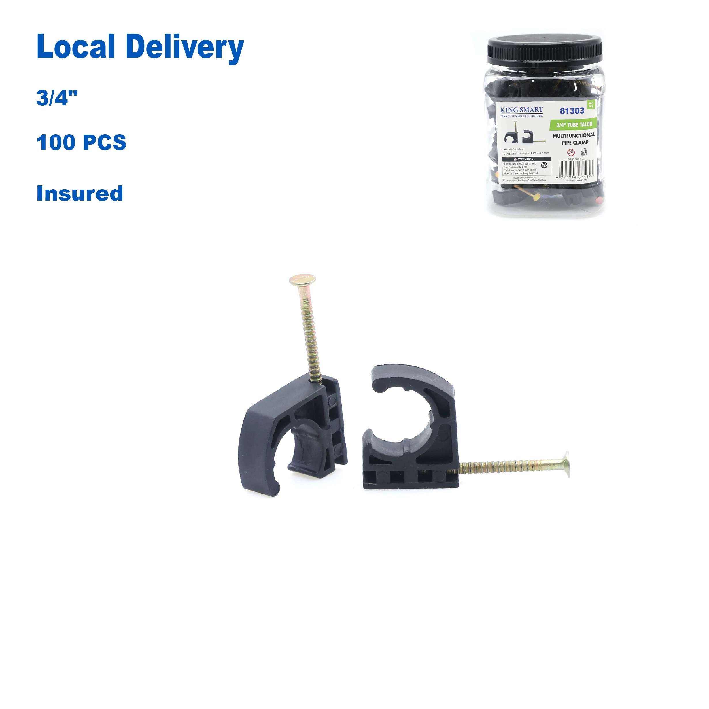 KING SMART 3/4" Half Clamp J-Hook with Nail For Pex, Copper, CPVC Pipe and Other Line and Cable Support; 100 Pcs/Case; 81303
KING SMART 3/4" Half Clamp J-Hook with Nail For Pex, Copper, CPVC Pipe and Other Line and Cable Support; 100 Pcs/Case; 81303
