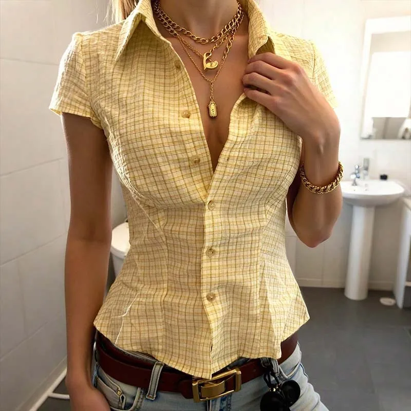 Retro yellow plaid short sleeve shirt 2026 slim waist lapel blouse for women
Retro yellow plaid short sleeve shirt 2026 slim waist lapel blouse for women