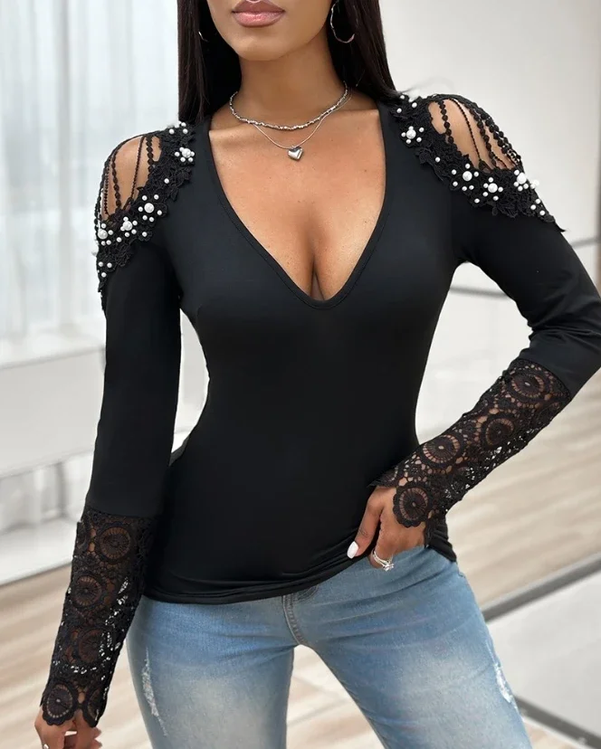 Sexy Lace Shirts for Women Pullover Cold Shoulder Contrast Beaded Tops 2024 Autumn Winter Spring New Fashion Casual Blouses
Sexy Lace Shirts for Women Pullover Cold Shoulder Contrast Beaded Tops 2024 Autumn Winter Spring New Fashion Casual Blouses