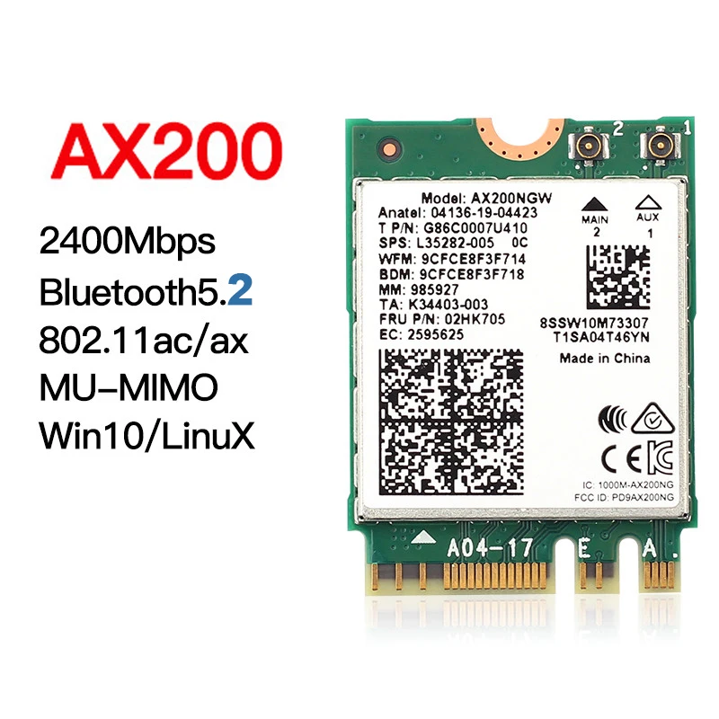 WiFi 6 Bluetooth 5.2 3000Mbps Wireless Card For AX200 M.2 Dual Band 2.4G/5Ghz 802.11ac/ax
WiFi 6 Bluetooth 5.2 3000Mbps Wireless Card For AX200 M.2 Dual Band 2.4G/5Ghz 802.11ac/ax