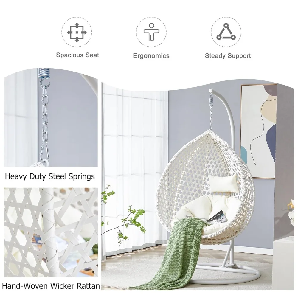 White Egg Chair with Stand, Indoor Outdoor Hanging Swing Chair with Thick Cushion and Pillow, 350 lb Capacity, Customized
White Egg Chair with Stand, Indoor Outdoor Hanging Swing Chair with Thick Cushion and Pillow, 350 lb Capacity, Customized