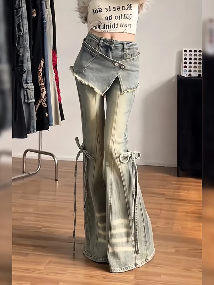 Retro American Design Distressed Denim Pants for Women Millennium Hot Girl Tie Waist Flare Long Trousers Casual Wear
Retro American Design Distressed Denim Pants for Women Millennium Hot Girl Tie Waist Flare Long Trousers Casual Wear