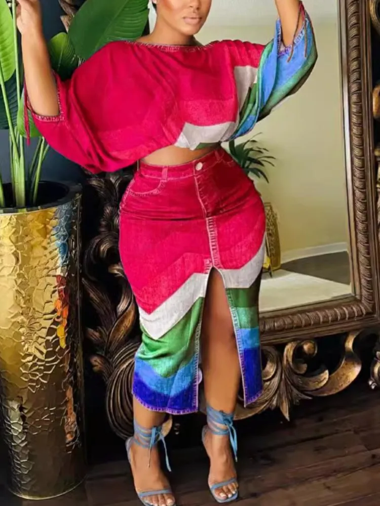 Women's 2 Piece Streetwear Outfit Set Summer Skirts Sets Fake Denim Print Elegant Chic Open Split Skirt Long Sexy Female Outfits
Women's 2 Piece Streetwear Outfit Set Summer Skirts Sets Fake Denim Print Elegant Chic Open Split Skirt Long Sexy Female Outfits
