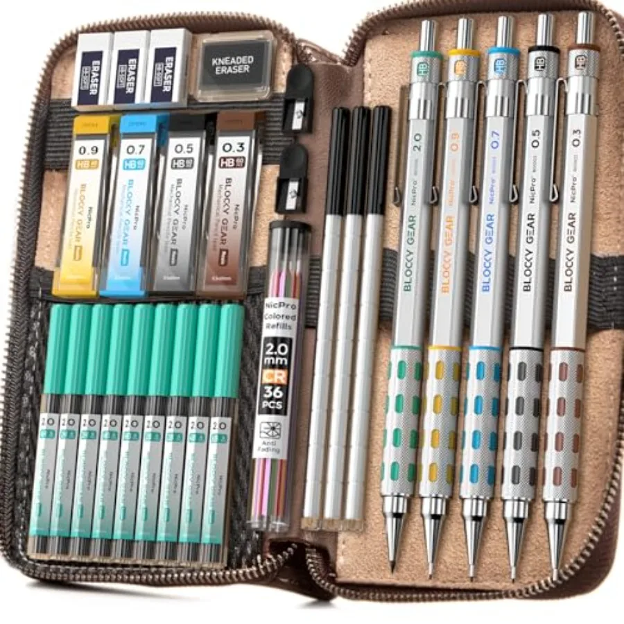 Blocky Gear Metal Mechanical Pencil Set in Leather Case, Art Drafting Pencils 0.3, 0.5, 0.7, 0.9and2mm Lead Pencil with 330PCS
Blocky Gear Metal Mechanical Pencil Set in Leather Case, Art Drafting Pencils 0.3, 0.5, 0.7, 0.9and2mm Lead Pencil with 330PCS