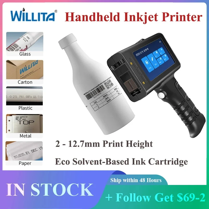 Willita 12.7mm Portable Handheld Inkjet Printer for Batch Number Barcode QR Code Logo Textile Hand Printer Label Coding Machine