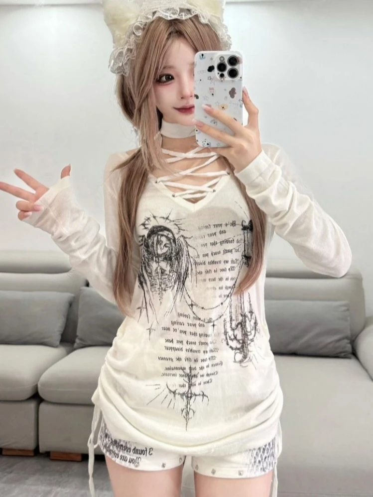 2025 Sun Protection Letter Printing T-shirt Women Y2k Aesthetic Drawstring Casual Tshirt Autumn Harajuku See Through Grunge Tops
2025 Sun Protection Letter Printing T-shirt Women Y2k Aesthetic Drawstring Casual Tshirt Autumn Harajuku See Through Grunge Tops