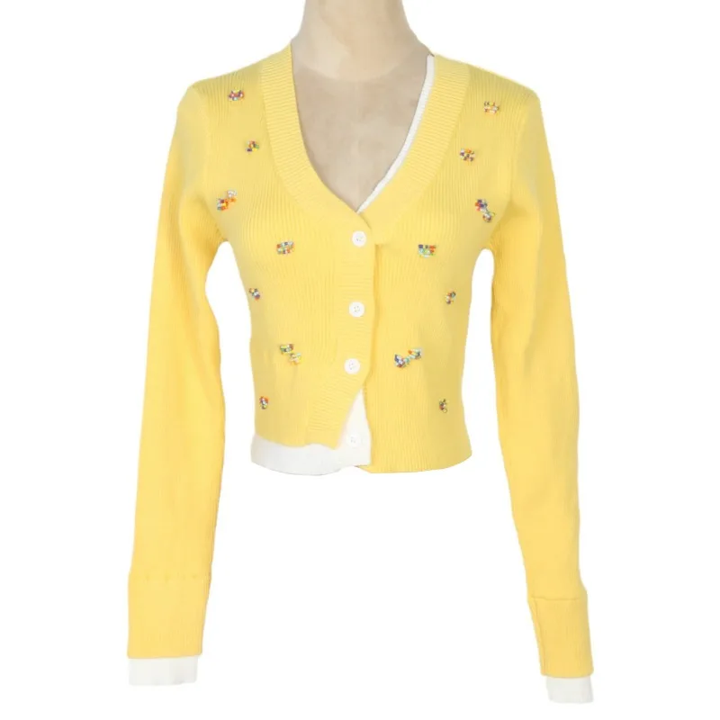 Colors Beaded Cropped Cardigan Women V-neck Long Sleeve Knitted Cardigan Fake Two-piece Cardigan Yellow Short Sweater Jacket Top
Colors Beaded Cropped Cardigan Women V-neck Long Sleeve Knitted Cardigan Fake Two-piece Cardigan Yellow Short Sweater Jacket Top