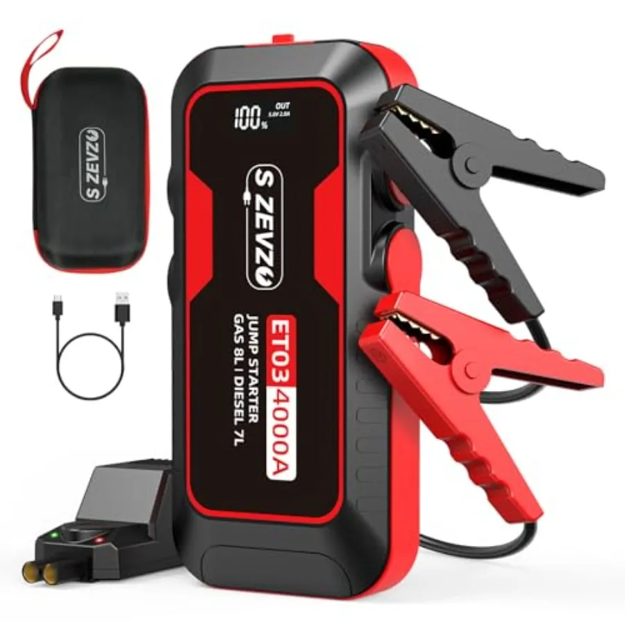 Car Jump Starter for 8.0L Gas/7.0L Diesel Engines Lithium Polymer Black 4000A Peak Current 74Wh Portable 12V Jump Box with USB
Car Jump Starter for 8.0L Gas/7.0L Diesel Engines Lithium Polymer Black 4000A Peak Current 74Wh Portable 12V Jump Box with USB