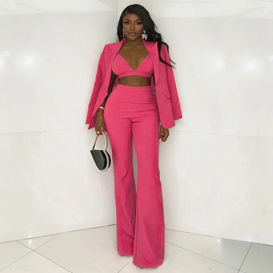 High Quality New Fashion 2023 New Diamond Slim Women's Set Sexy Single Button Blazer + Vest + Flared Pants 3 Three Piece Set
High Quality New Fashion 2023 New Diamond Slim Women's Set Sexy Single Button Blazer + Vest + Flared Pants 3 Three Piece Set