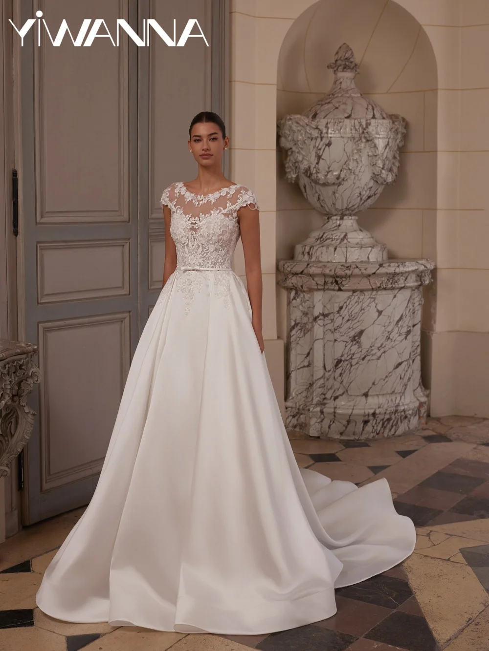 New Modest Beaded Satin Wedding Dress A-line Floor-length Lace Appliques Bridal Gown Customized Classic Oneck Dresses For Bride
New Modest Beaded Satin Wedding Dress A-line Floor-length Lace Appliques Bridal Gown Customized Classic Oneck Dresses For Bride