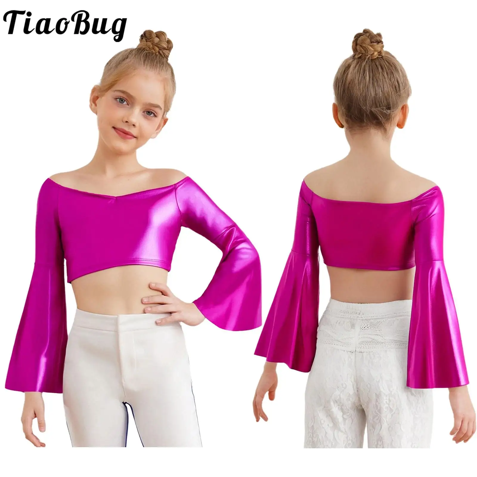 Kids Girls Metallic Jazz Modern Dance Costume Long Flared Sleeve Off-Shoulder Crop Tops for Party Photography Stage Performance
Kids Girls Metallic Jazz Modern Dance Costume Long Flared Sleeve Off-Shoulder Crop Tops for Party Photography Stage Performance