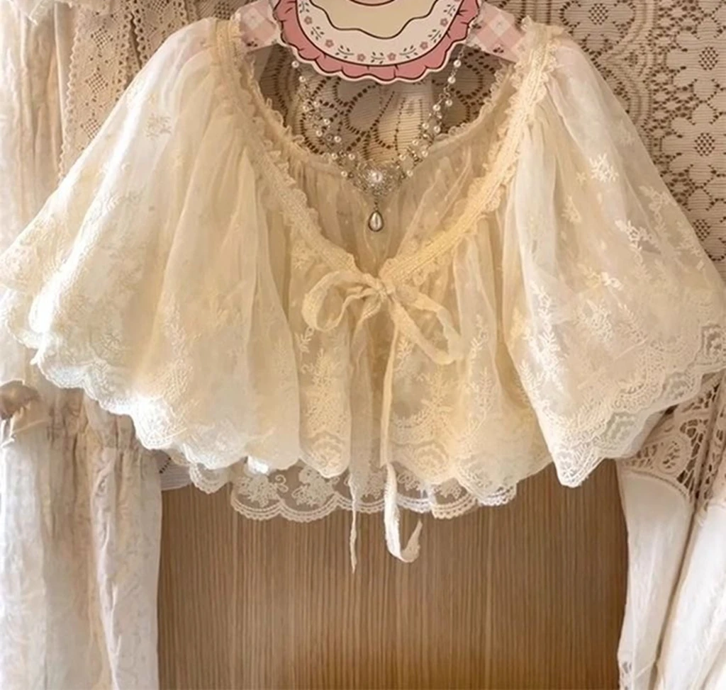 Tie-Front One Piece Beige White Lace Bolero Cape Cardigan Korean Style Cute Cropped Top Elegant Ladies Lace-Up Shrug For Dresses
Tie-Front One Piece Beige White Lace Bolero Cape Cardigan Korean Style Cute Cropped Top Elegant Ladies Lace-Up Shrug For Dresses