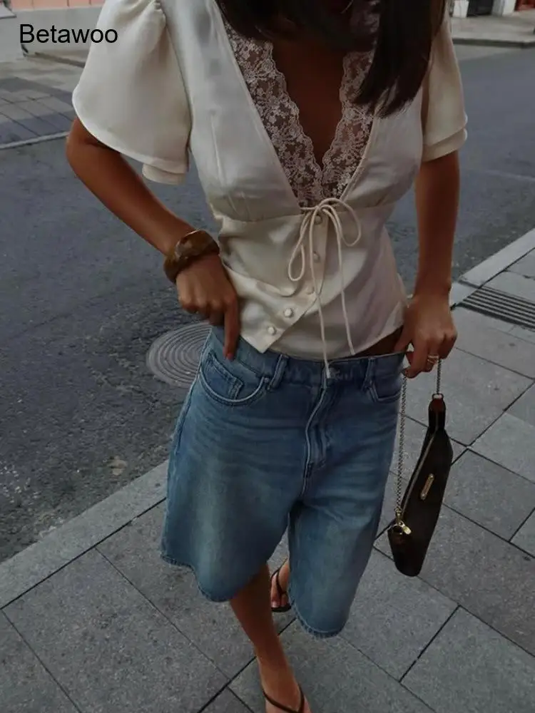 Womens Lace V Neck Tie Front Satin Blouse Short Sleeve Casual Top White Brown Black Apricot Golden
Womens Lace V Neck Tie Front Satin Blouse Short Sleeve Casual Top White Brown Black Apricot Golden