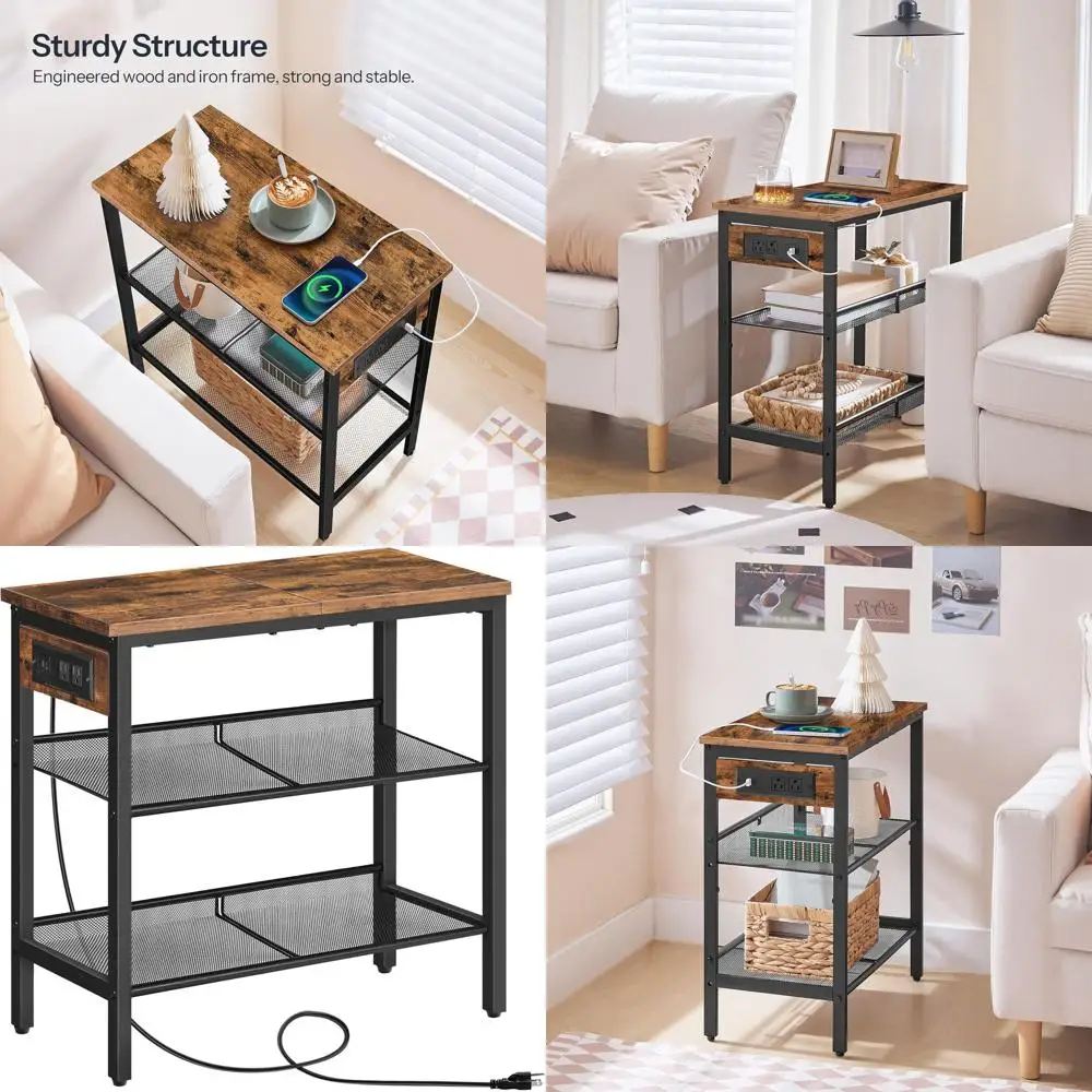 Трехуровневая узкая прикроватная тумбочка с зарядной станцией и регулируемыми полками для компактных помещений, гостиной, спальни, в деревенском стиле
Трехуровневая узкая прикроватная тумбочка с зарядной станцией и регулируемыми полками для компактных помещений, гостиной, спальни, в деревенском стиле