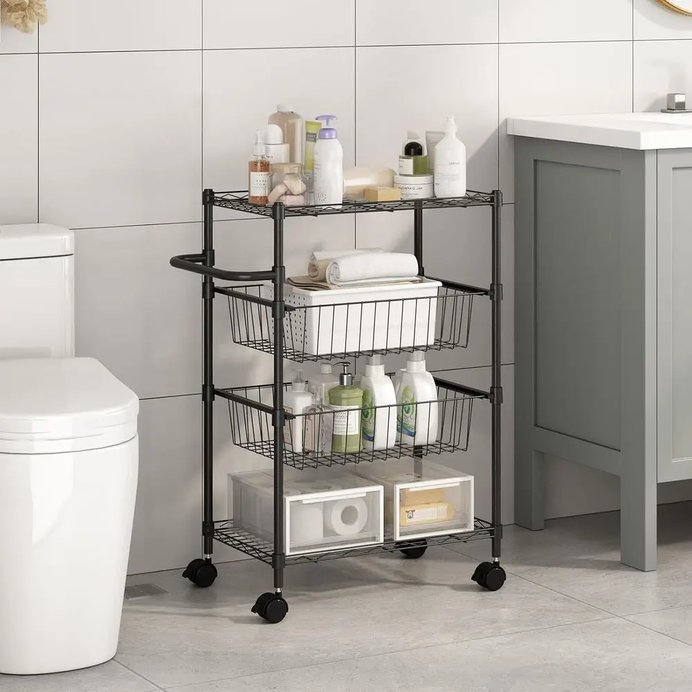 4-Tier Rolling Storage Cart, Adjustable Wire Shelving Unit, Kitchen Utility Cart On Wheels with Basket and Handle, Metal Storage
4-Tier Rolling Storage Cart, Adjustable Wire Shelving Unit, Kitchen Utility Cart On Wheels with Basket and Handle, Metal Storage