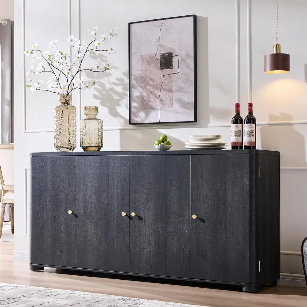 66 Curved Buffet Cabinet with 4 Doors & Shelves, Grey Wooden Kitchen/Dining Room Storage
66 Curved Buffet Cabinet with 4 Doors & Shelves, Grey Wooden Kitchen/Dining Room Storage