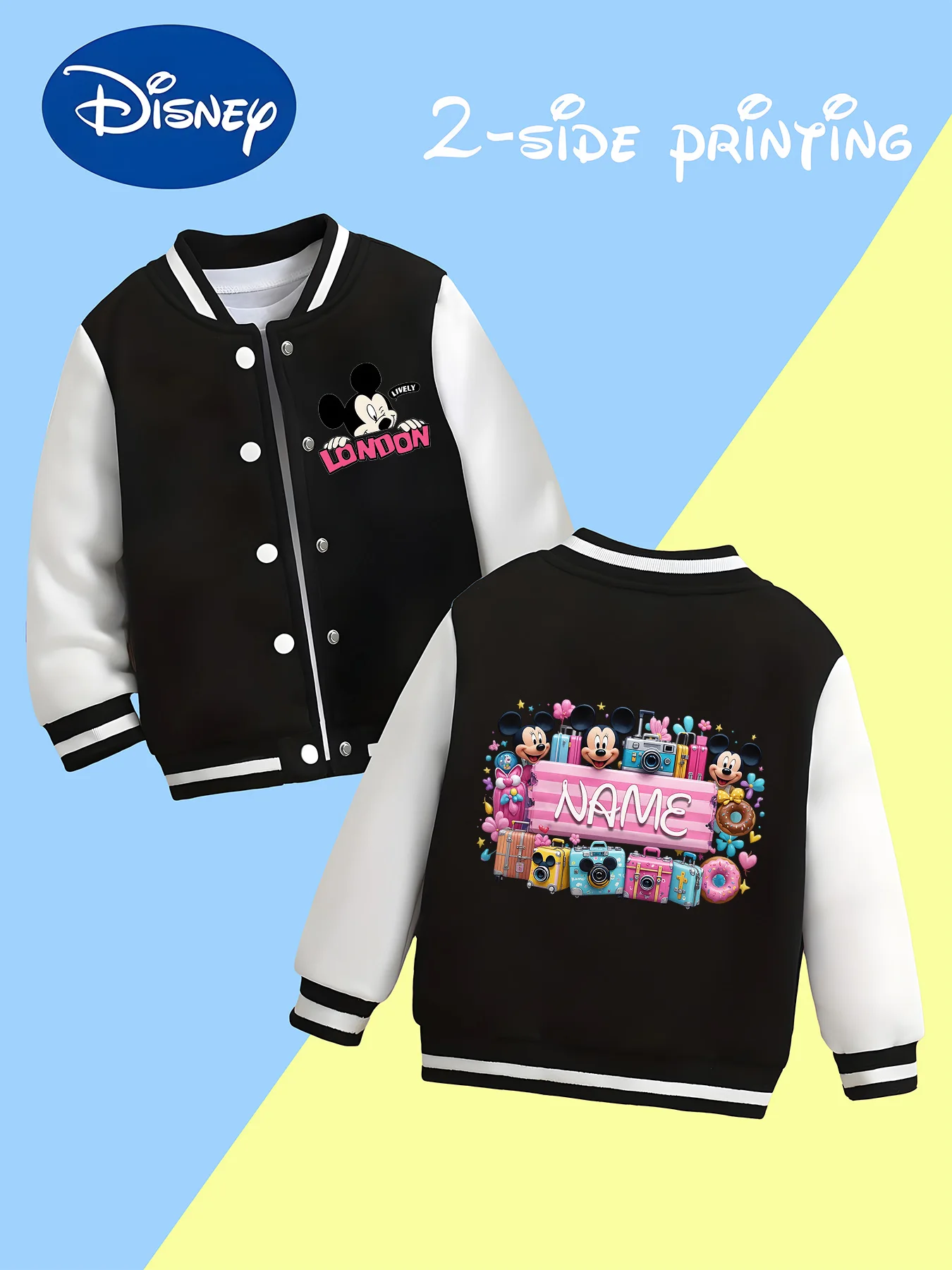 MINISO Disney Mickey London themed children's baseball jacket - double-sided British style print, suitable for city exploration 
MINISO Disney Mickey London themed children's baseball jacket - double-sided British style print, suitable for city exploration