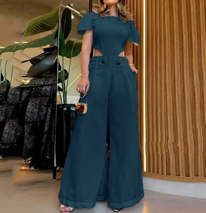Fashion Women's Bodysuit Hollow Pocket Button Decoration Casual Pants Unique Waist Wide Leg Long Jumpsuit Women 2024
Fashion Women's Bodysuit Hollow Pocket Button Decoration Casual Pants Unique Waist Wide Leg Long Jumpsuit Women 2024