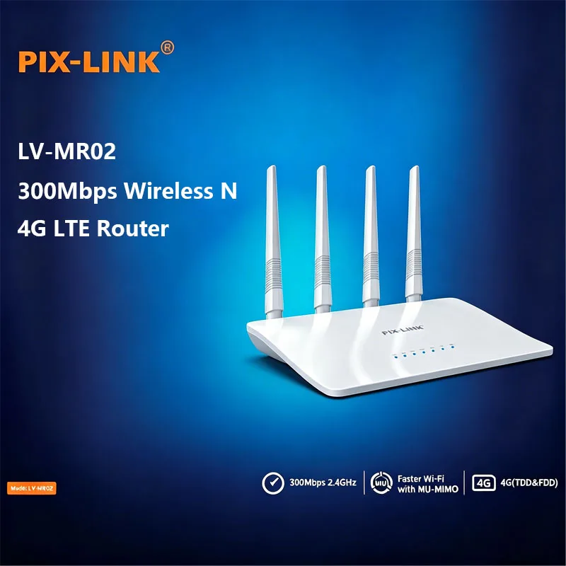 PIX-LINK MR02 300Mbps 4G LTE Router SIM Card Slot WAN Port Dual Internet 2.4GHz 4 Antennas MU-MIMO for Home Office
PIX-LINK MR02 300Mbps 4G LTE Router SIM Card Slot WAN Port Dual Internet 2.4GHz 4 Antennas MU-MIMO for Home Office 