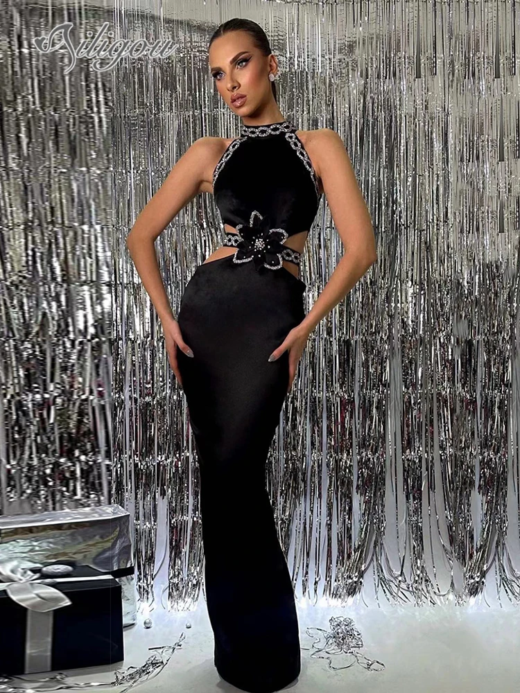 Ailigou New Women's Black Sexy Hollow Luxury Diamond 3D Flower Tight Long Bandage Dress Elegant Celebrity Party Evening Dress
Ailigou New Women's Black Sexy Hollow Luxury Diamond 3D Flower Tight Long Bandage Dress Elegant Celebrity Party Evening Dress