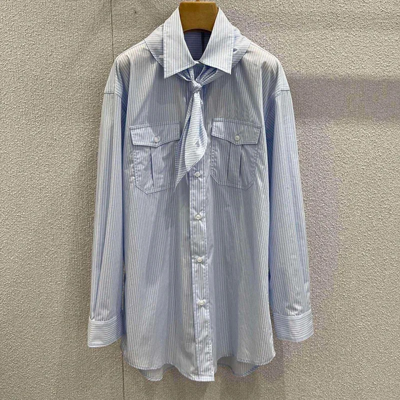 Women High Quality Scarf Deco Light Blue Striped Blouse Casual Top Long Sleeve Curved Hem Cotton Loose Shirt 2582194
Women High Quality Scarf Deco Light Blue Striped Blouse Casual Top Long Sleeve Curved Hem Cotton Loose Shirt 2582194
