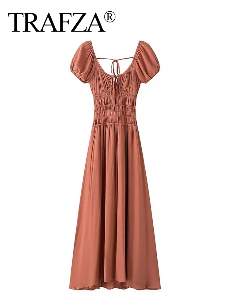 TRAFZA Female Summer Backless Dresses Pleated Solid Bow Lace-up Decorate Short Sleeves Female Waist Ankle Length Dress Mujer
TRAFZA Female Summer Backless Dresses Pleated Solid Bow Lace-up Decorate Short Sleeves Female Waist Ankle Length Dress Mujer