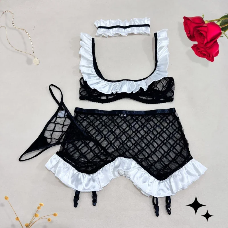 Bikini Sheer Mesh Hollow Sexy Lace Home Maid Sexy Lingerie Three-Piece Set
Bikini Sheer Mesh Hollow Sexy Lace Home Maid Sexy Lingerie Three-Piece Set