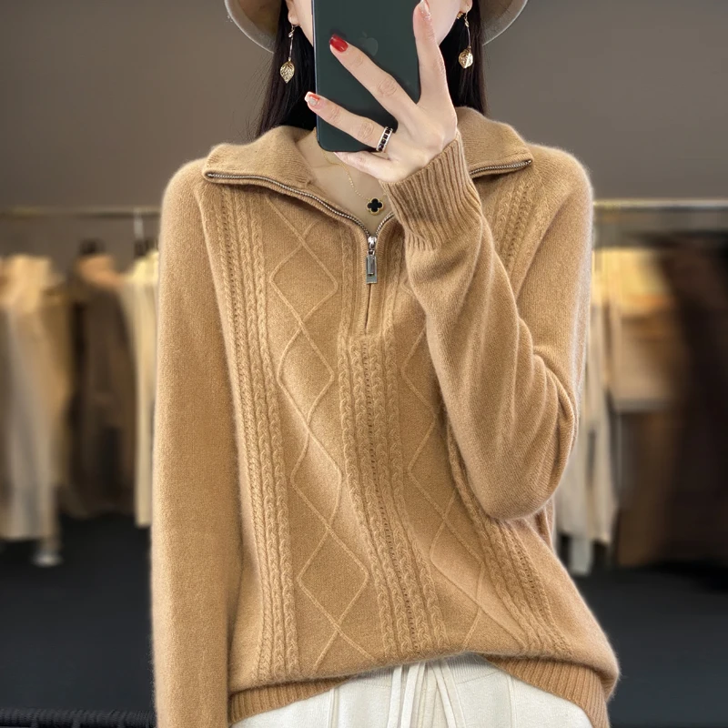 One-line Formed Half Height Zipper Sweater 100% Pure Wool Knitted Women's Clothing Autumn Winter Thick Knit Top Fashion Korean
One-line Formed Half Height Zipper Sweater 100% Pure Wool Knitted Women's Clothing Autumn Winter Thick Knit Top Fashion Korean