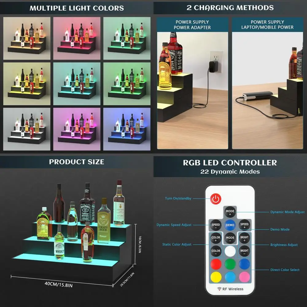 3-Tier Wooden Liquor Bottle Display with LED Lights, 16 Home Bar Rack for 12 Whiskey Bottles
3-Tier Wooden Liquor Bottle Display with LED Lights, 16 Home Bar Rack for 12 Whiskey Bottles
