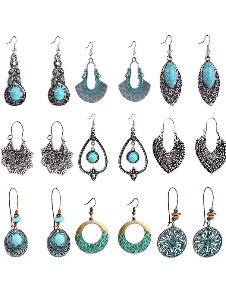 Complete set of ethnic style earrings, European and American turquoise earring set, bohemian vintage earrings
Complete set of ethnic style earrings, European and American turquoise earring set, bohemian vintage earrings
