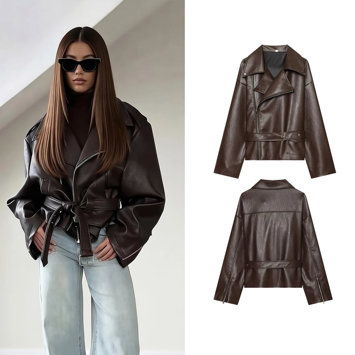 Women Vintage Leather Short Jackets Autumn Winter Female Chic Long Sleeved Lace-Up Loose Coats Lady High Street Casual Outerwear
Women Vintage Leather Short Jackets Autumn Winter Female Chic Long Sleeved Lace-Up Loose Coats Lady High Street Casual Outerwear