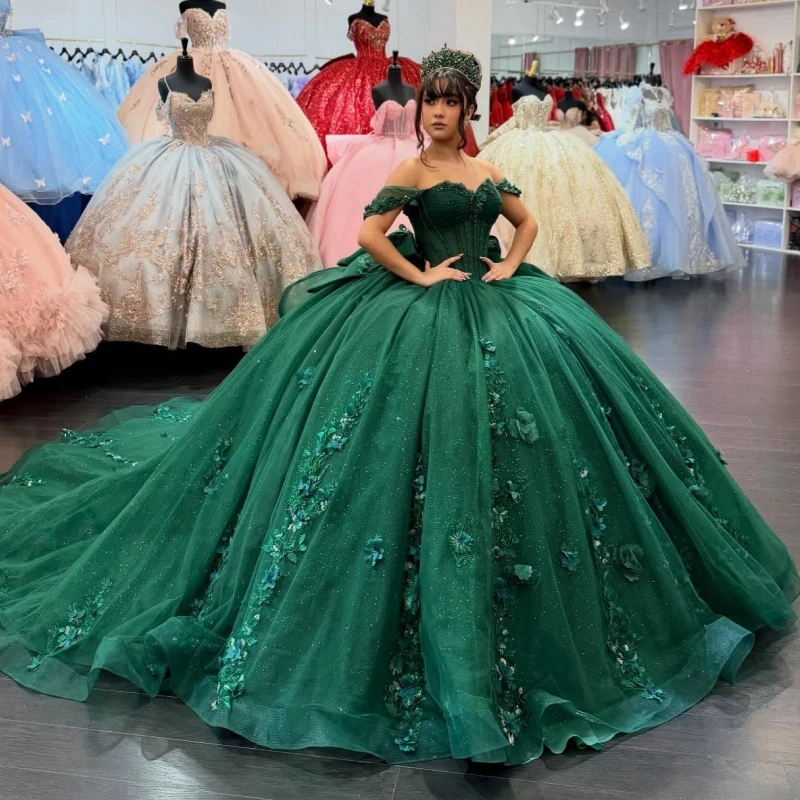 Emerald Green Shiny Quinceanera Dresses Off The Shoulder Applique Flower Beadng Crystal Bow Tull Party Birthday Sweet 16 Dress
Emerald Green Shiny Quinceanera Dresses Off The Shoulder Applique Flower Beadng Crystal Bow Tull Party Birthday Sweet 16 Dress