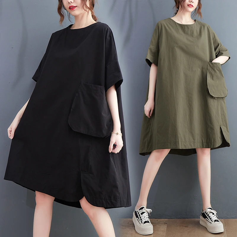 Plus Size Loose Korean Sle Mid-Length T-irt Dr Women's ort Sve Summer Casual Dr Belly Covering Dr with Big kets 
Plus Size Loose Korean Sle Mid-Length T-irt Dr Women's ort Sve Summer Casual Dr Belly Covering Dr with Big kets