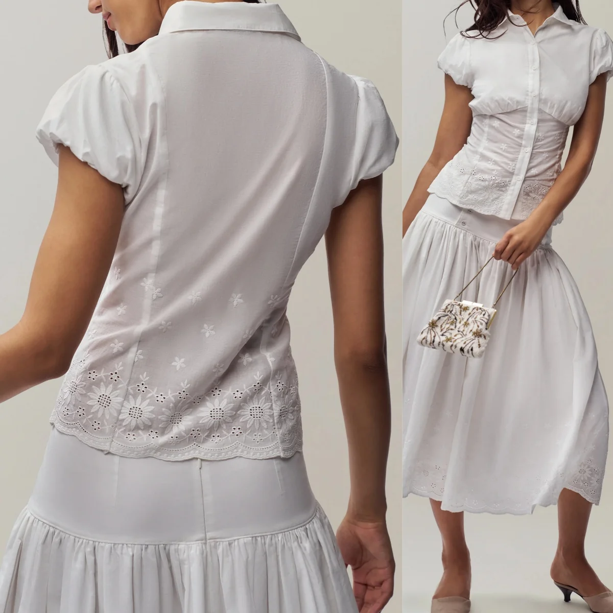 Guz French-Style Embroidered Shirt with Puff Sleeves and a Slightly Sheer Doll Collar, Slim-Fit Short T-Shirt with Pleated Waist and Cut-Out Lace Hem, Vintage Pastoral Style Embroidered Short-Sleeve Top
Guz French-Style Embroidered Shirt with Puff Sleeves and a Slightly Sheer Doll Collar, Slim-Fit Short T-Shirt with Pleated Waist and Cut-Out Lace Hem, Vintage Pastoral Style Embroidered Short-Sleeve Top