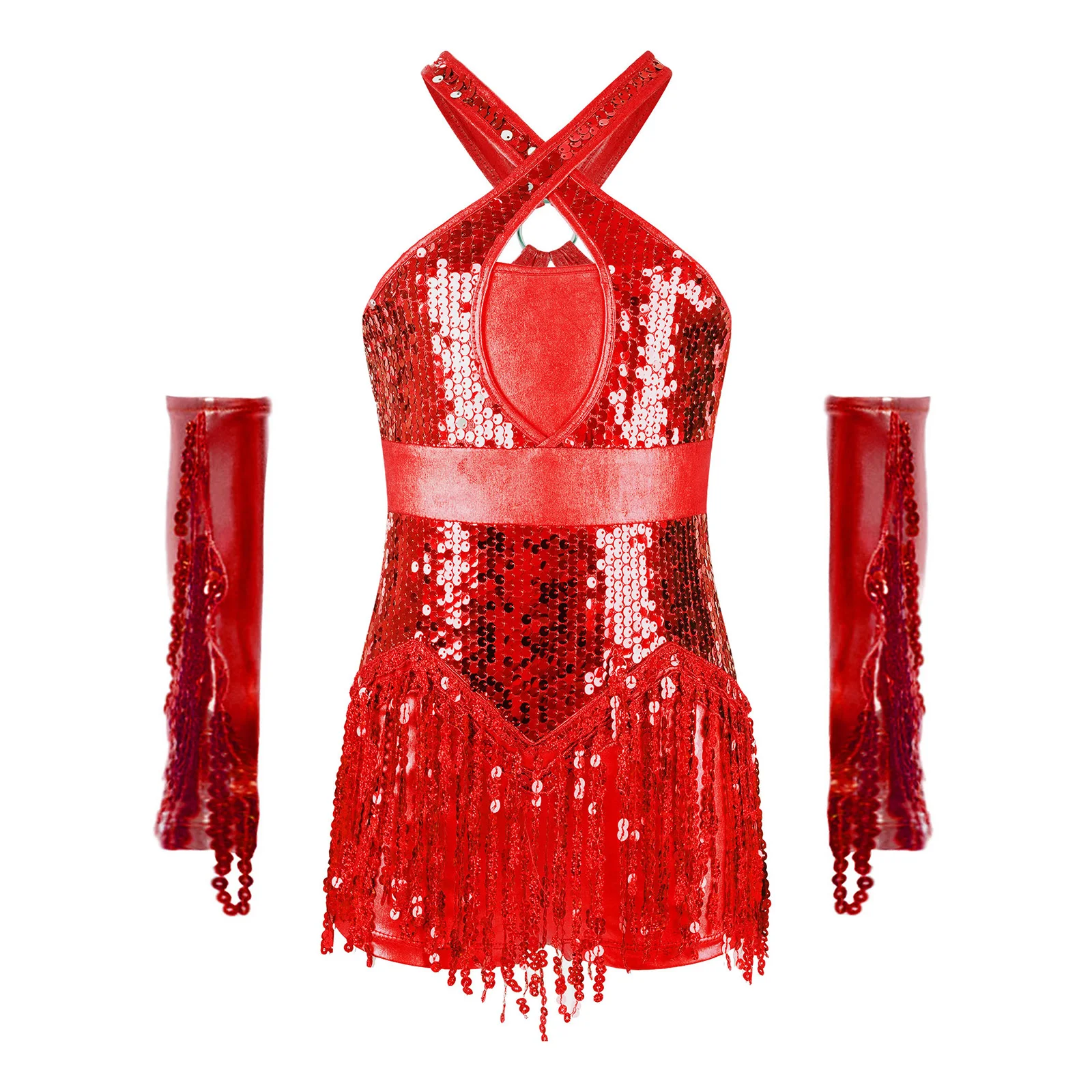 Kids Girls Latin Dance Outfit Cross Front Cutout Back Sparkly Sequins Tassel Leotard with Gloves Set for Cha-Cha Performance
Kids Girls Latin Dance Outfit Cross Front Cutout Back Sparkly Sequins Tassel Leotard with Gloves Set for Cha-Cha Performance