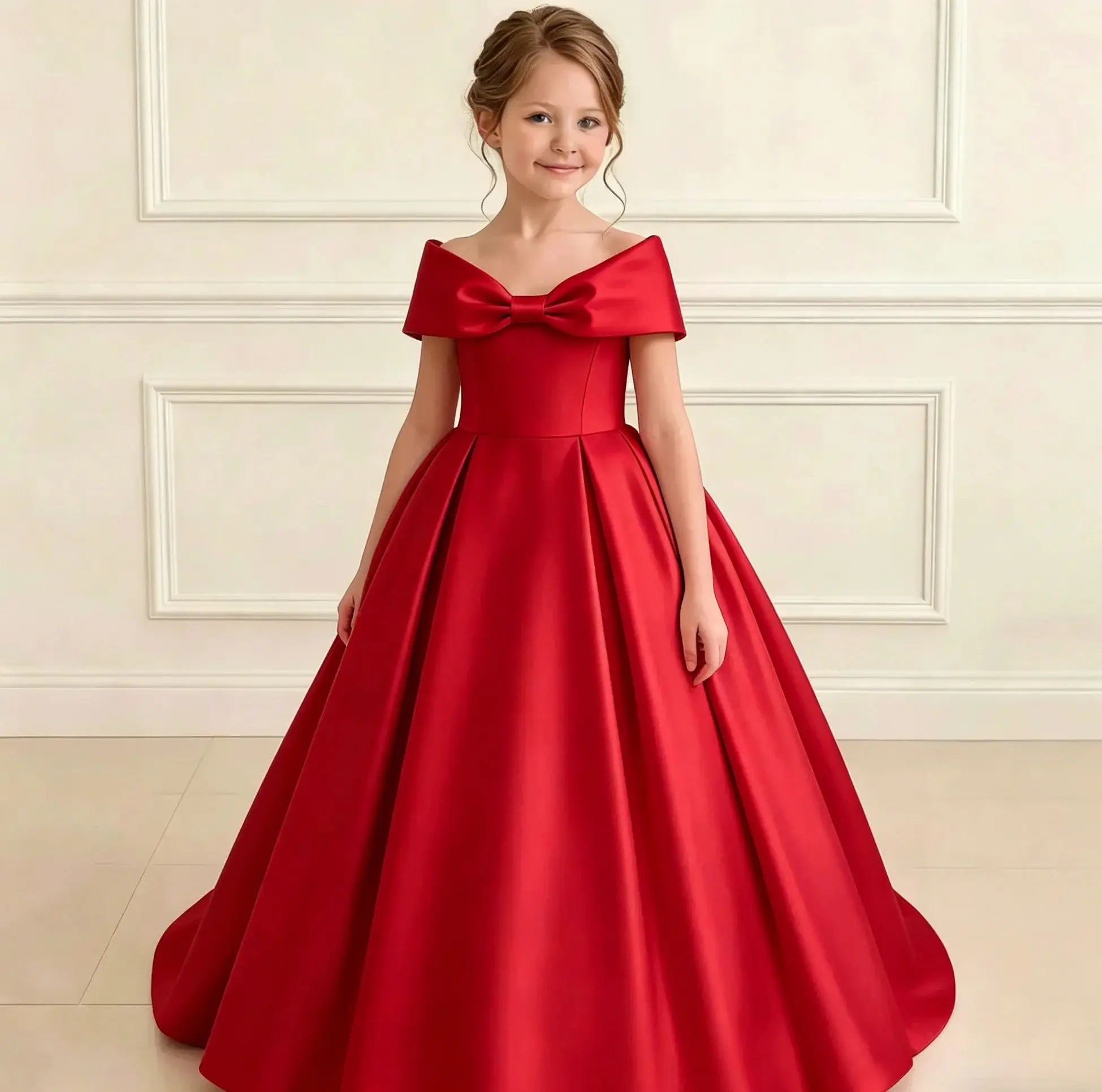 Simply Satin Custom Flower Girl Dress For Wedding with Bow Off Shoulder Floor Lenght Kids Birthday Party First Communion Gown
Simply Satin Custom Flower Girl Dress For Wedding with Bow Off Shoulder Floor Lenght Kids Birthday Party First Communion Gown