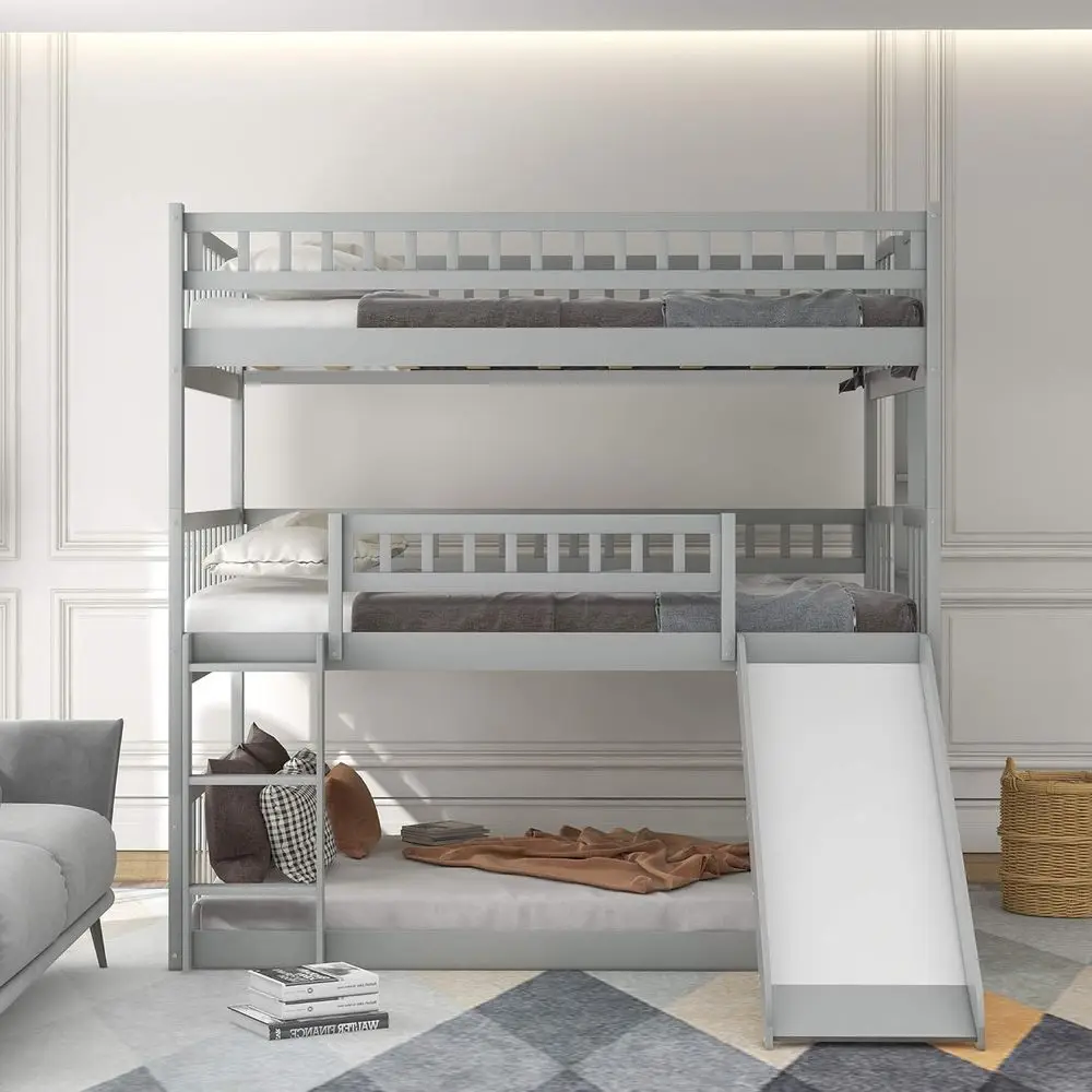 Gray Wooden Triple Bunk Bed with Slide, Ladder, and Guardrails - Convertible to 3 Single Beds for Kids and Teens
Gray Wooden Triple Bunk Bed with Slide, Ladder, and Guardrails - Convertible to 3 Single Beds for Kids and Teens
