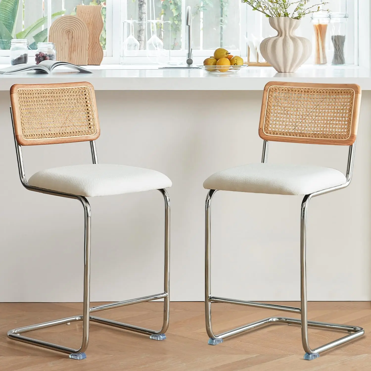 Natural Rattan Counter Height Stools Set of 2 with Solid Wood Back, 24 Inch Mid Century Modern Cesca Bar Stools, White Uphols
Natural Rattan Counter Height Stools Set of 2 with Solid Wood Back, 24 Inch Mid Century Modern Cesca Bar Stools, White Uphols