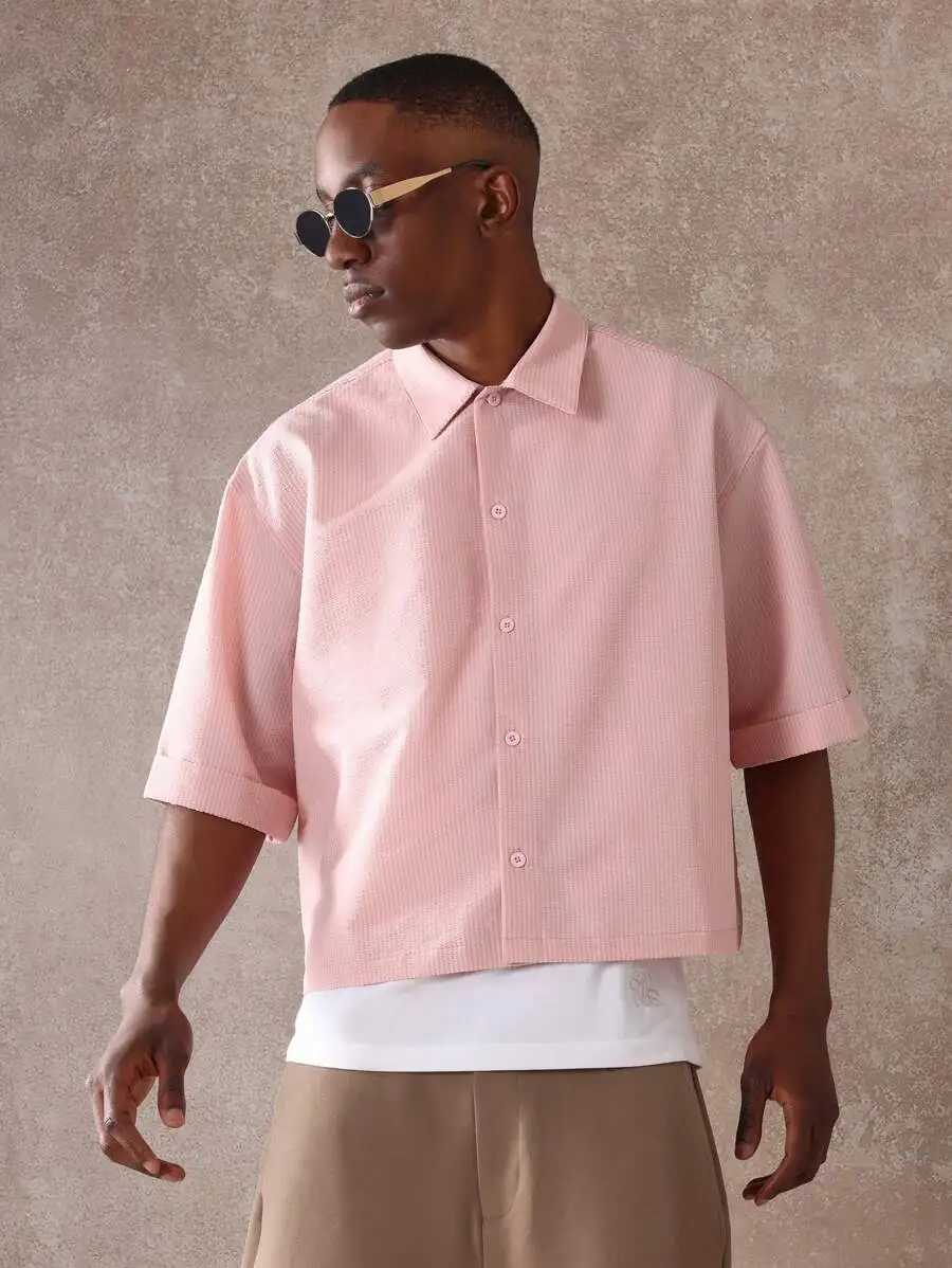 Pink Textured Seersucker Button-Down Short Sleeve Cropped Shirt Relaxed Fit Casual Summer
Pink Textured Seersucker Button-Down Short Sleeve Cropped Shirt Relaxed Fit Casual Summer